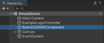 Hierarchy view with the BasicEOSSDKComponent highlighted