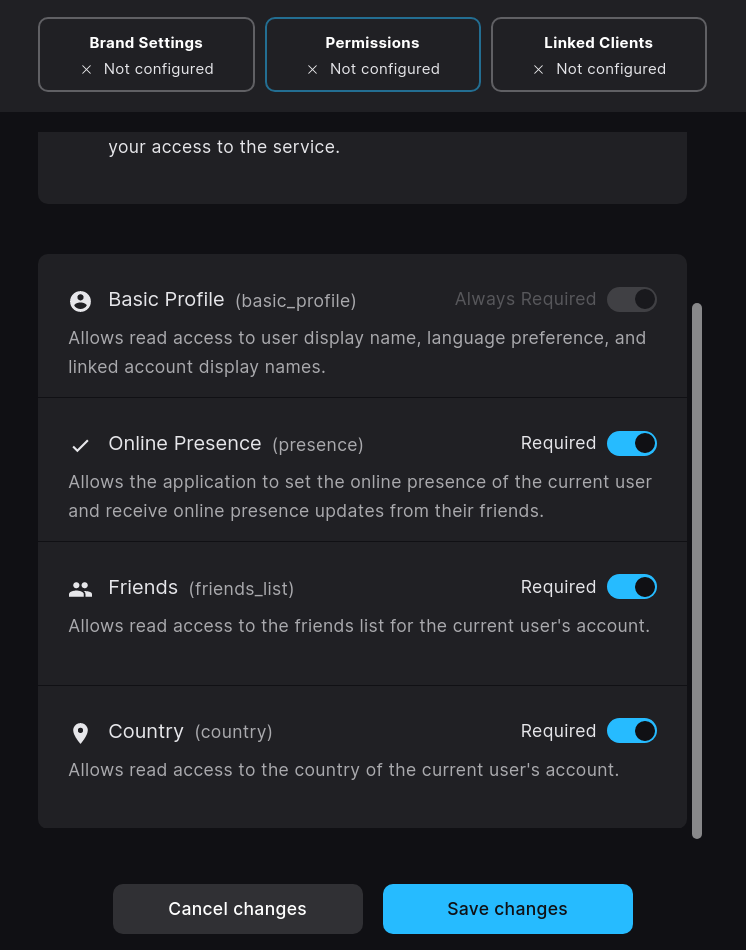 Permission settings for the application