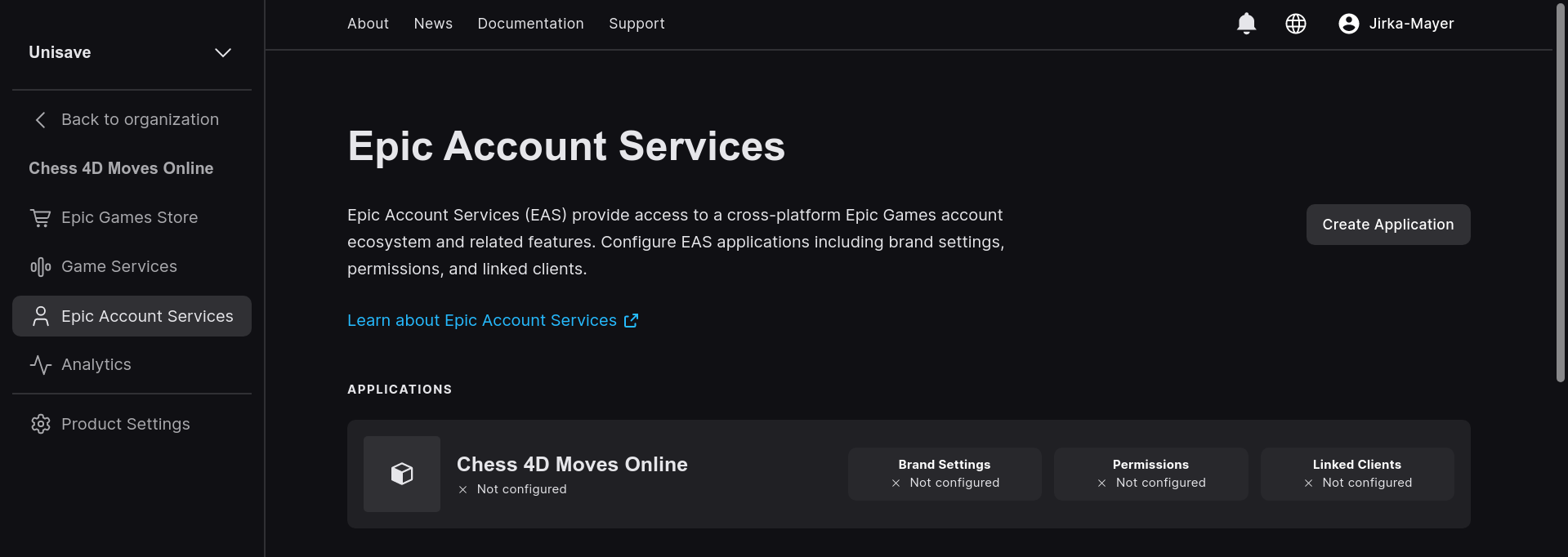 Epic Account Services page with the unconfigured application
