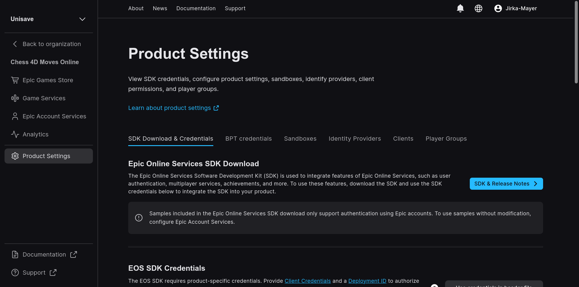 Product settings page