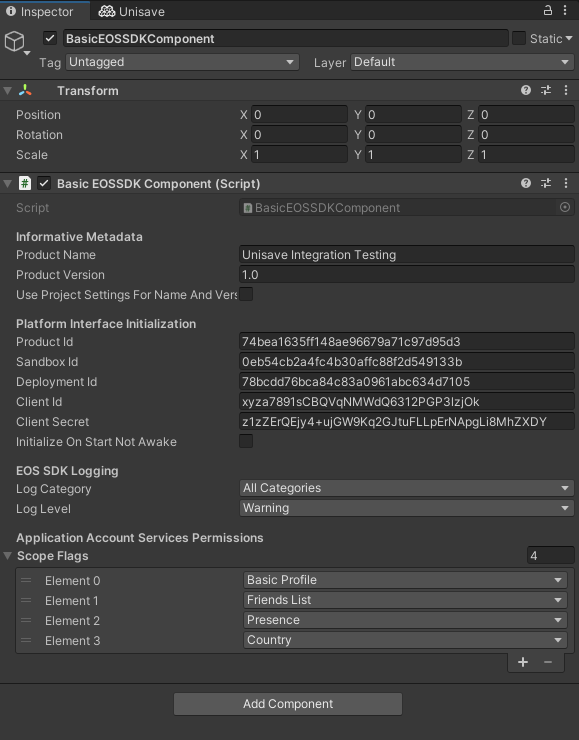 Inspector screenshot of the BasicEOSSDKComponent