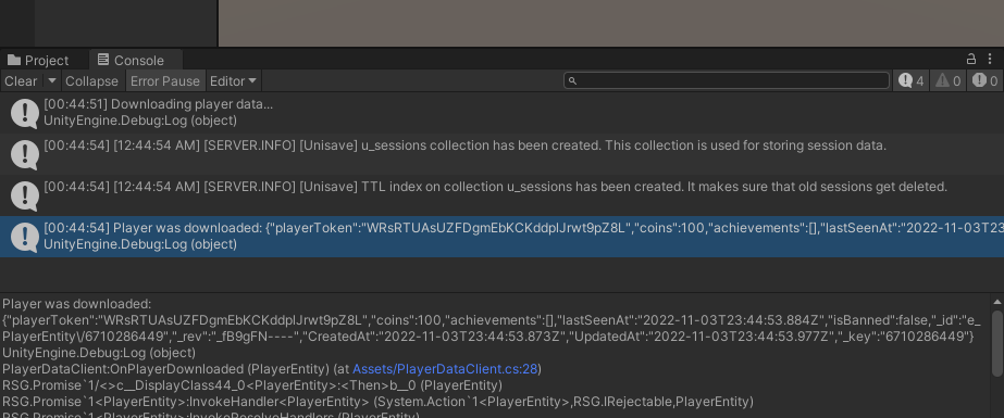 Unity log with the created entity