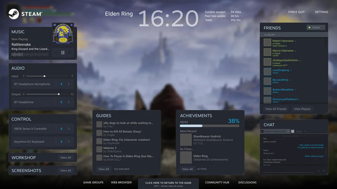 Steam Overlay displayed over the game Elden Ring.