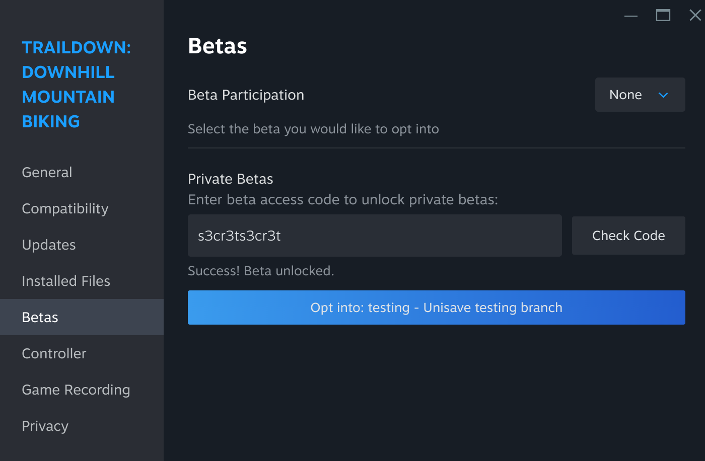 Dialog for selecting a development branch in the Steam client.