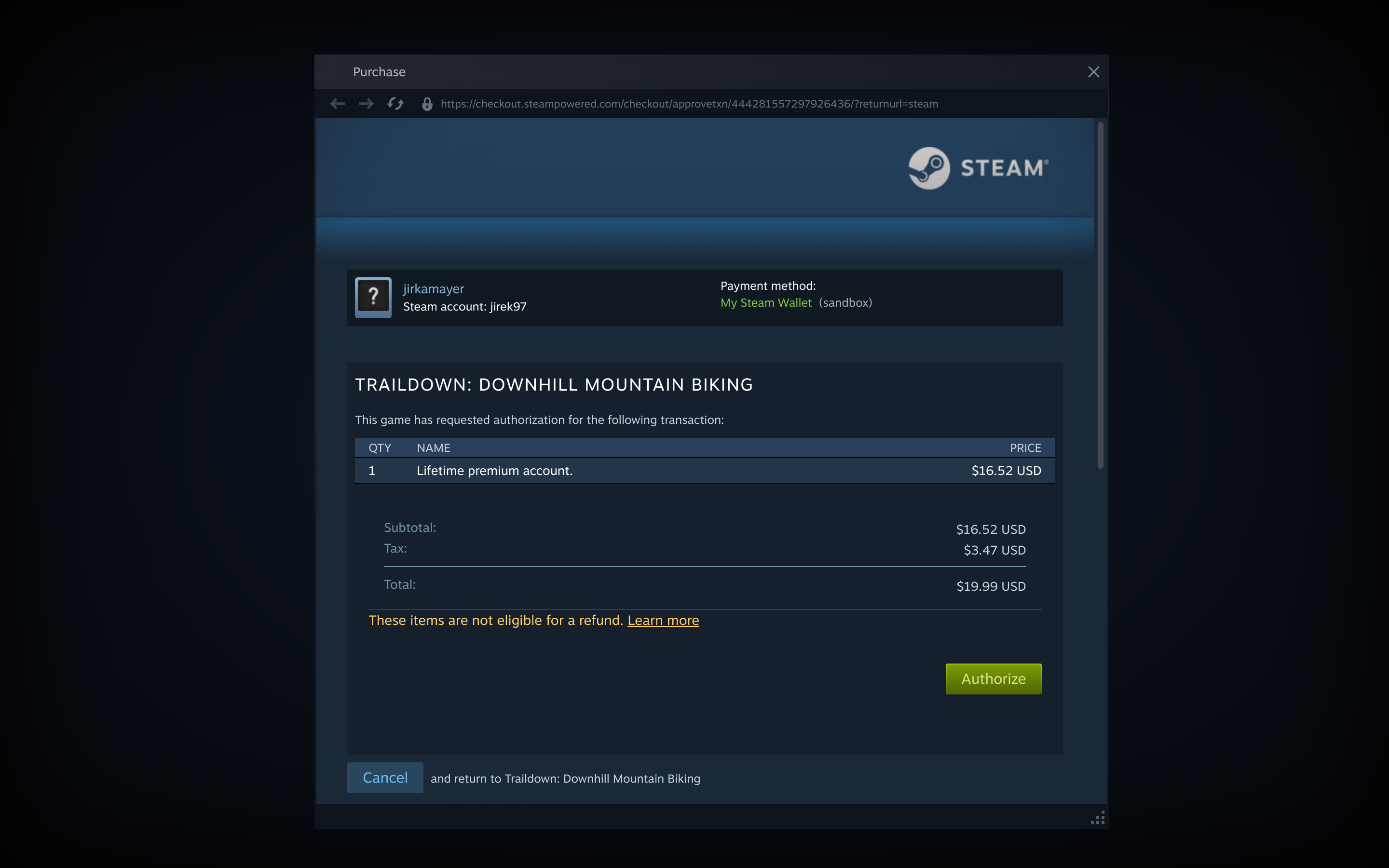 The old build, launched via the Steam client, with Steam overlay displayed, waiting for the transaction to be authorized.