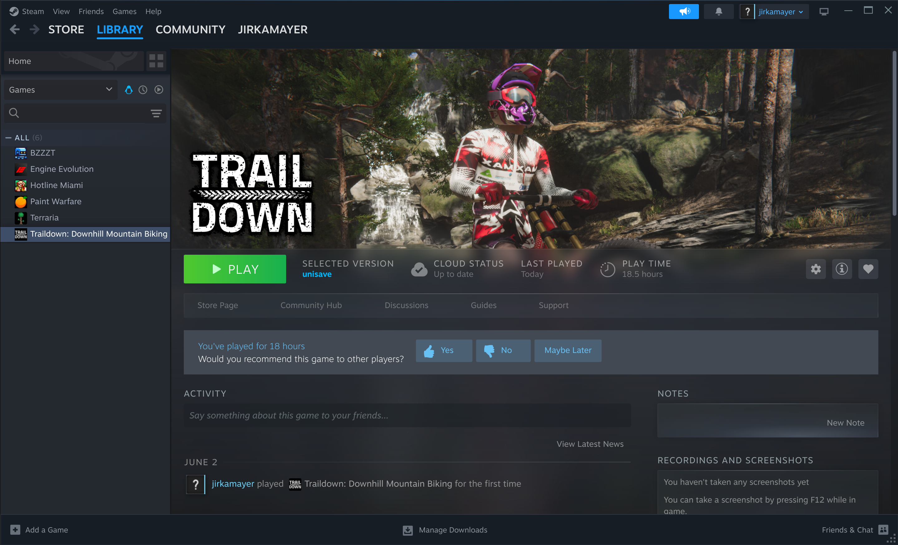 Steam client with our game not running. It gives us the option to start playing the game with the Play button.