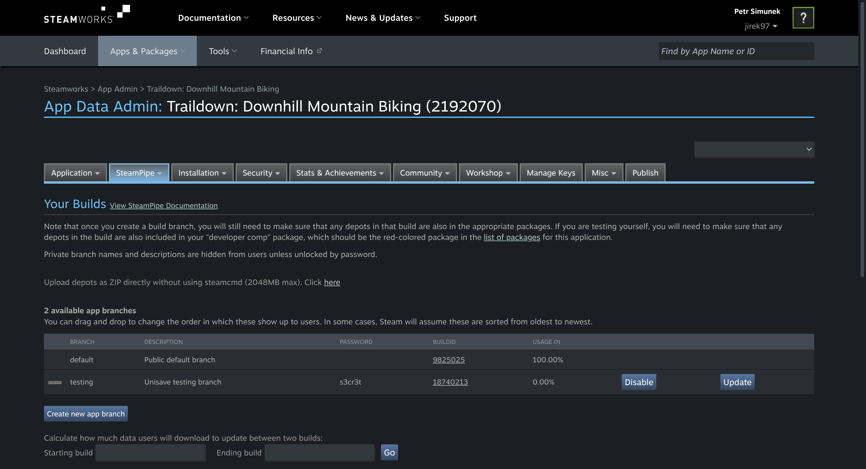 Steam dahsbord showing the list of available branches for a game. New branch can be created by clicking the 'Create new app branch' button.