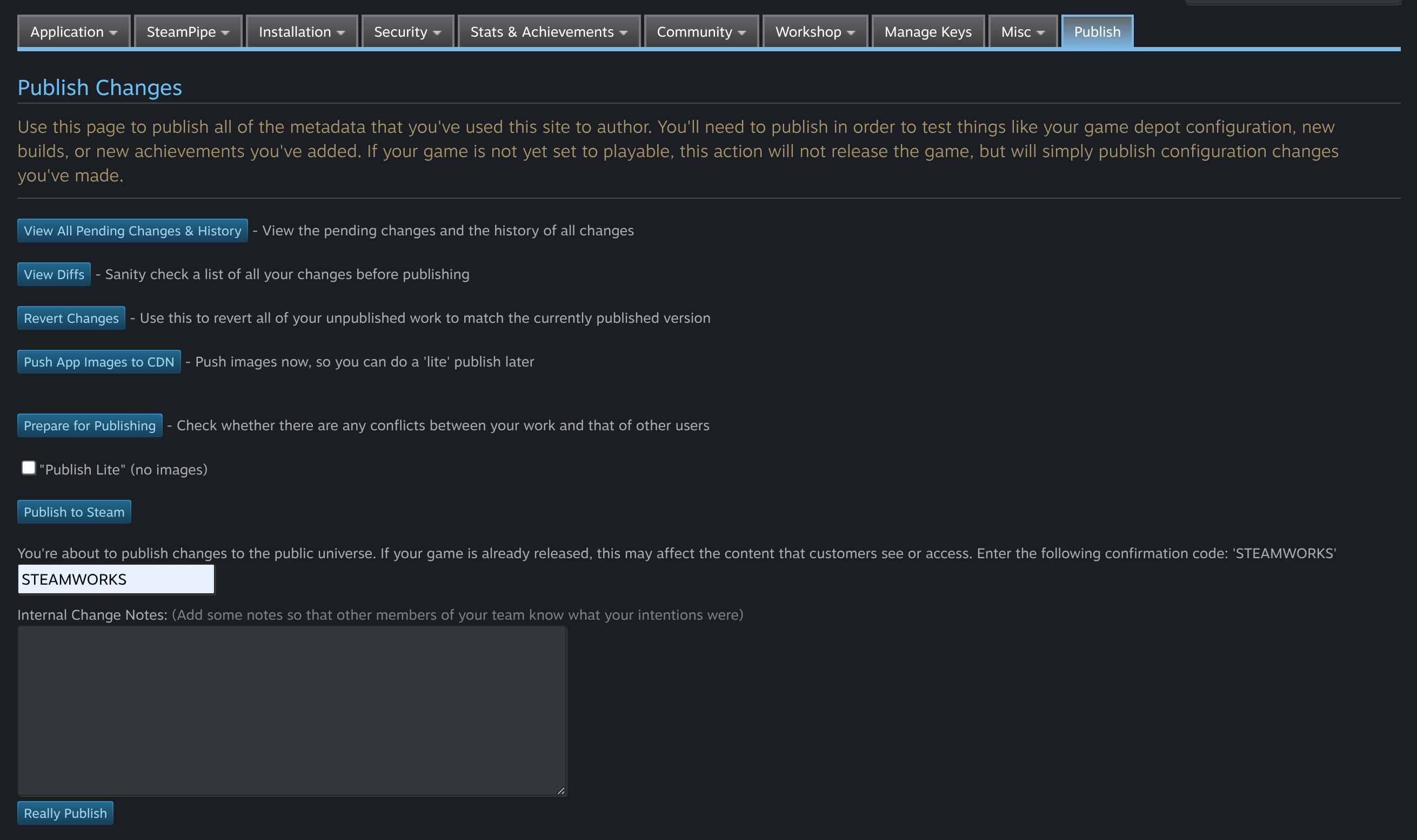 Steam dashboard for publishing changes.