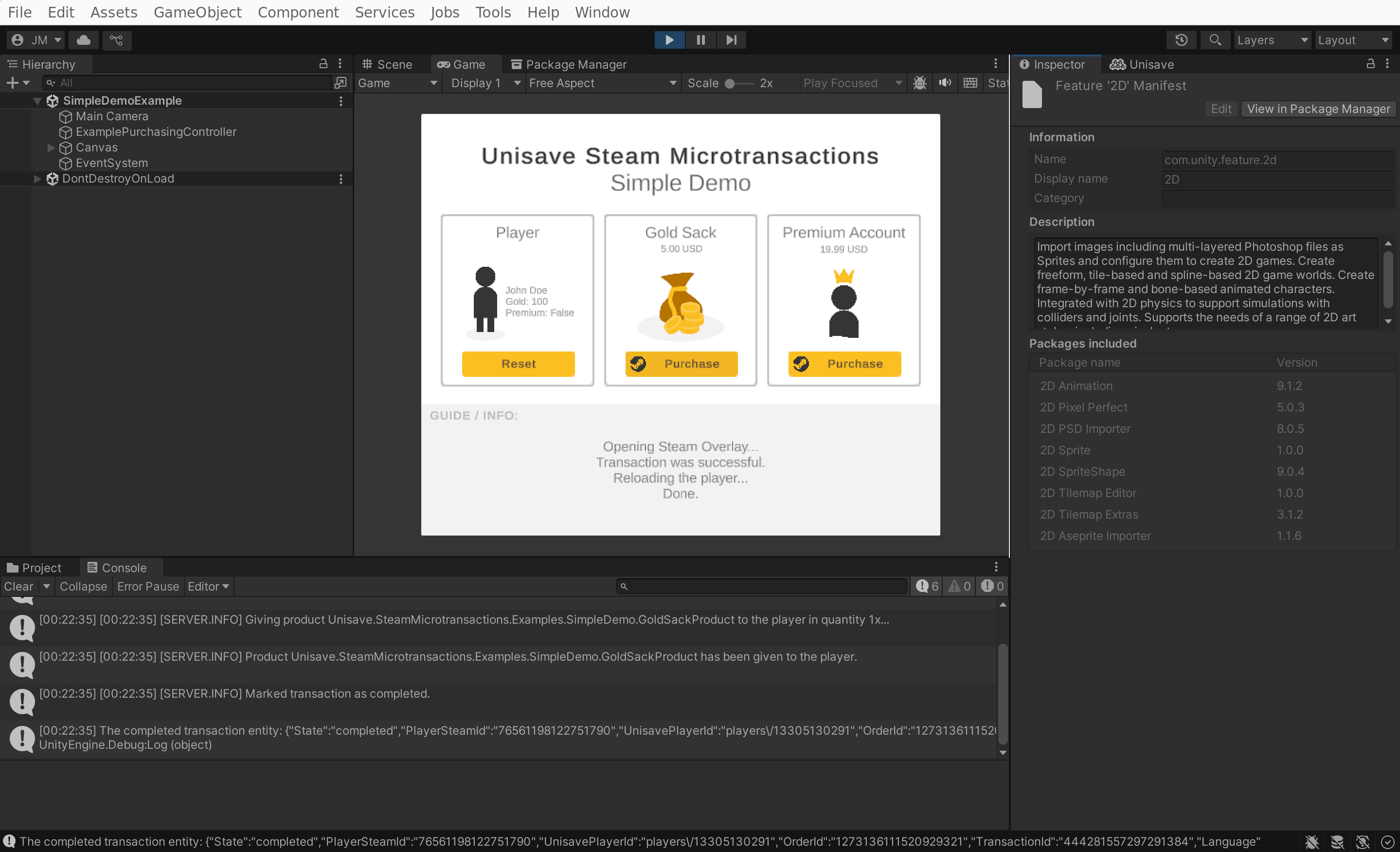 Unity editor with a game in play mode after a microtransaction has been completed.