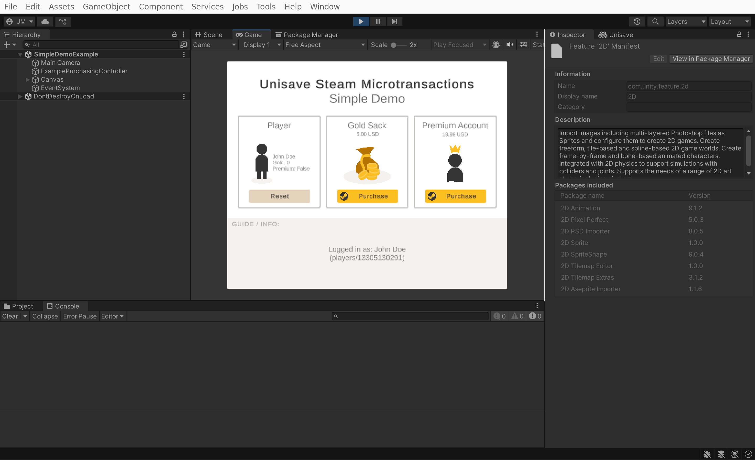 Unity editor with a game in play mode. Ready to start interacting with Steam microtransactions.