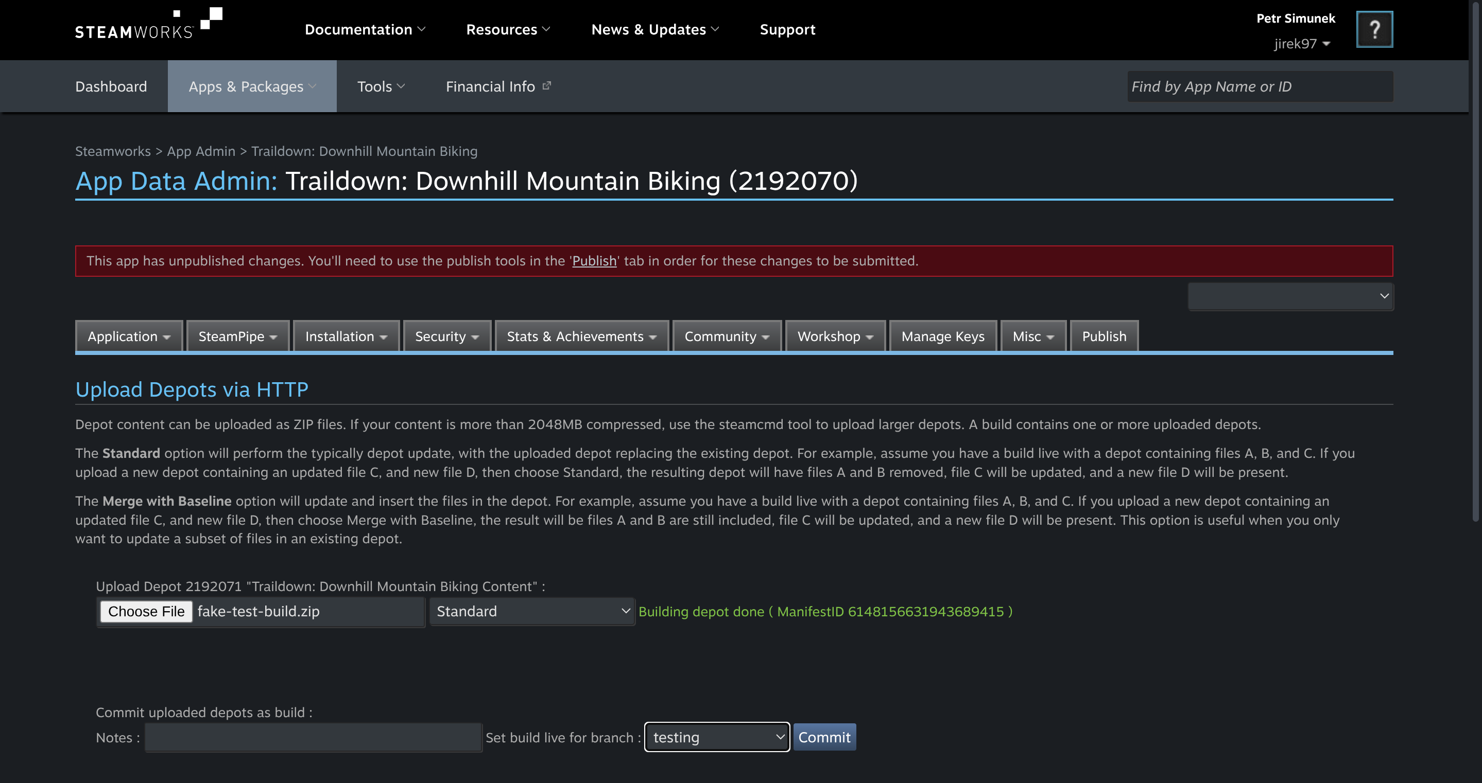 Steamworks dashboard in the ZIP uploading screen.